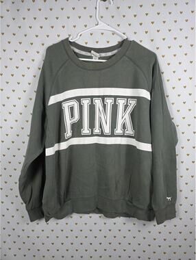 PINK Victoria's Secret Olive Green Crewneck Sweatshirt with White Logo